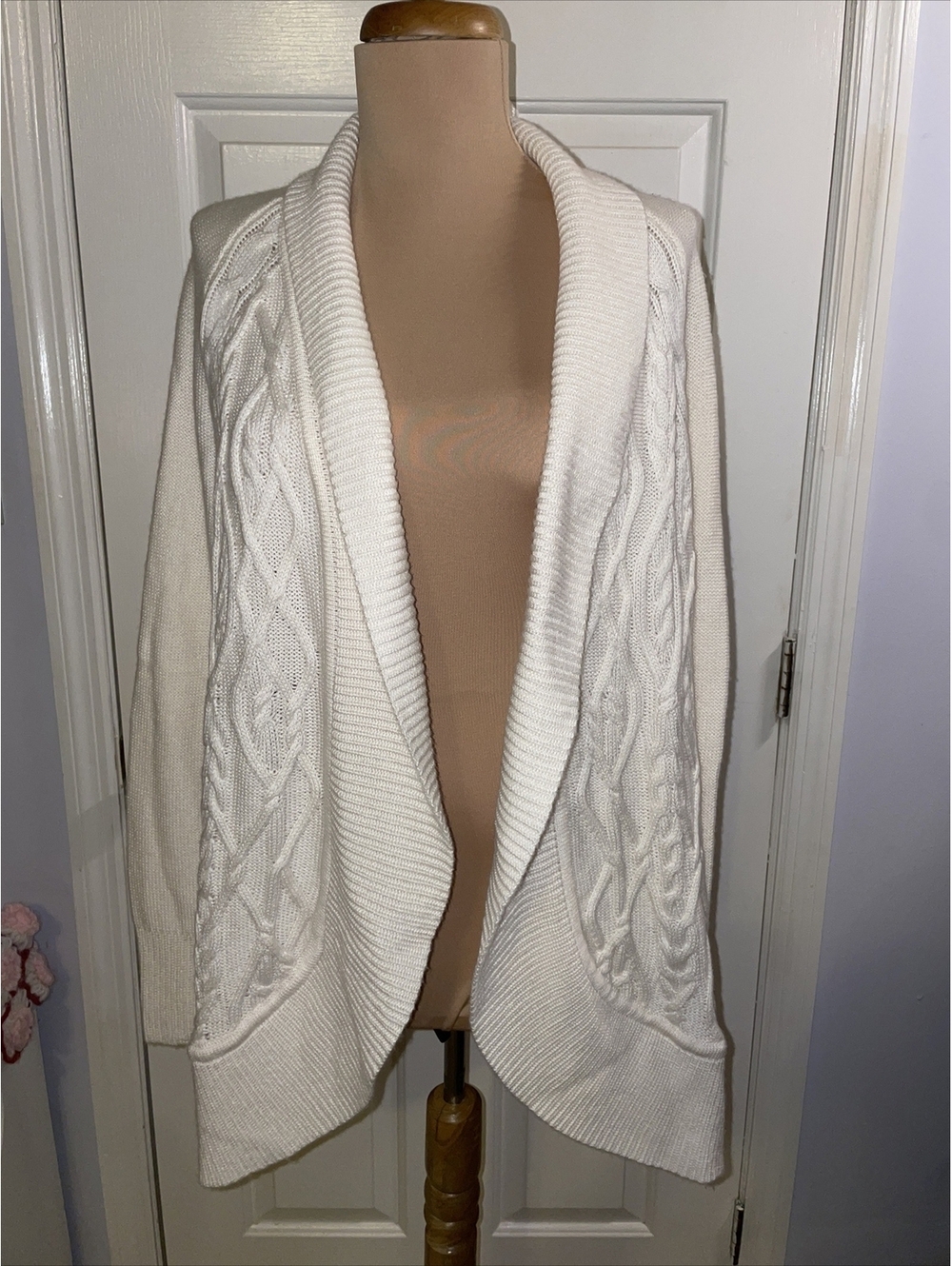 Talbots Ivory Open Front Sweater Cardigan Cable Knit Lambswool Nylon Sz L Petite